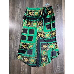 Boohoo Maxi Skirt Womens US 16 Green Baroque Chain Print High Low Satin Wrap